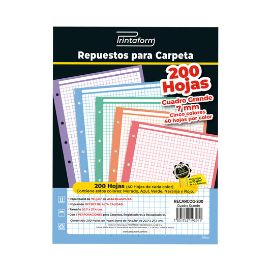 Repuestos para Carpeta Multicolor 200 hojas