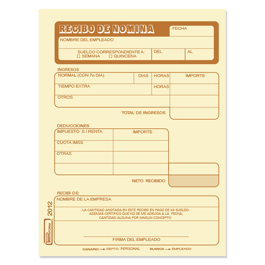 Recibo de Nómina B-2012 (Pq. 3 blocks)