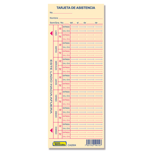 Tarjeta Control de Asistencia 300 tarjetas (Paq. c/3 blocks)